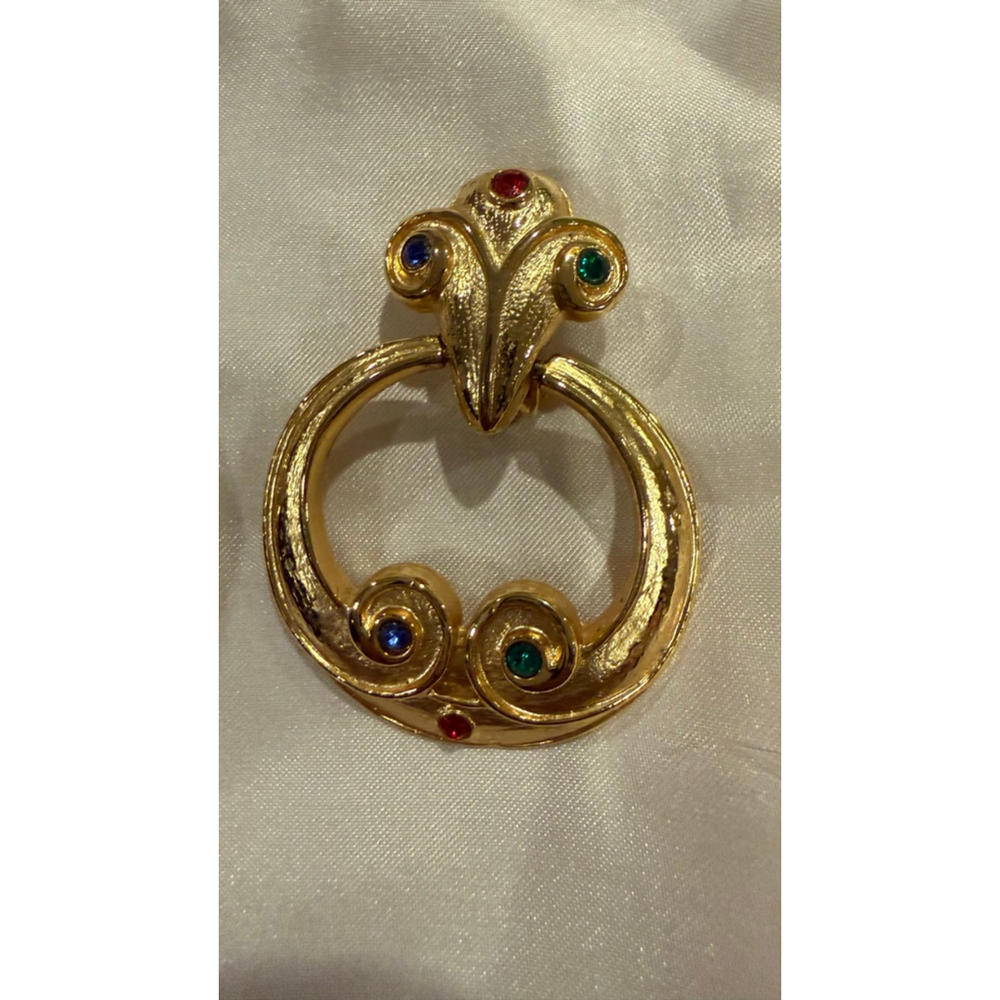 Vintage 1980s Door Knocker Clip- On Earrings Gold Tone with Multi-Color Stones - Picture 2 of 8
